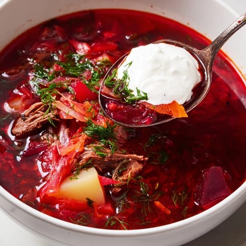 A steaming bowl of Ukrainian Borscht Soup boasts vibrant color, topped with creamy sour cream and fresh dill.