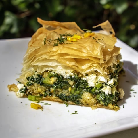 Golden-brown Greek spanakopita, a savory pie with flaky phyllo and a spinach-feta interior.