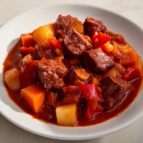 Steaming bowl of Hungarian Goulash stew, featuring tender beef and vibrant vegetables, ready to serve.