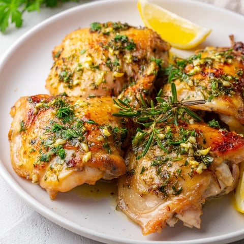 Golden-brown Garlic Butter Chicken Thighs roasted to a perfect crispiness, ready to enjoy with a lemon wedge.