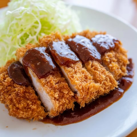 Golden-brown Chicken Katsu cutlets, crispy and served with tangy tonkatsu sauce, ready to eat.
