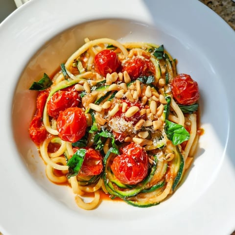 Sizzling zucchini noodle variations, tossed with vibrant tomato basil sauce, and sprinkled with fresh herbs.