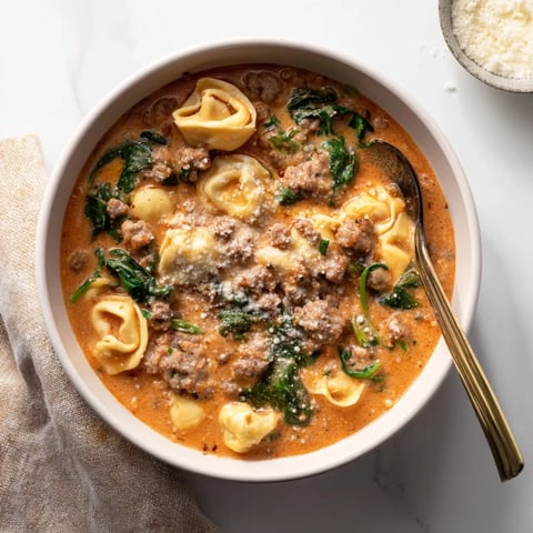 Creamy Tuscan Tortellini Soup with Italian sausage and wilted spinach served in a rustic bowl.