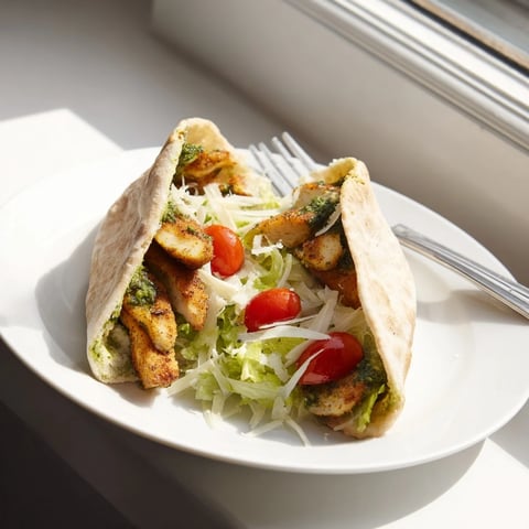 Golden, crispy herbed chicken cutlets stuffed into warm pita pockets alongside fresh Caesar salad for a satisfying lunch.