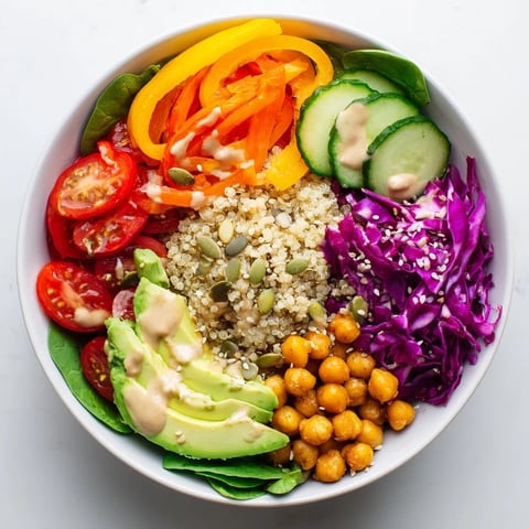 A vibrant Rainbow Buddha Bowl With Quinoa topped with colorful veggies and creamy tahini dressing.