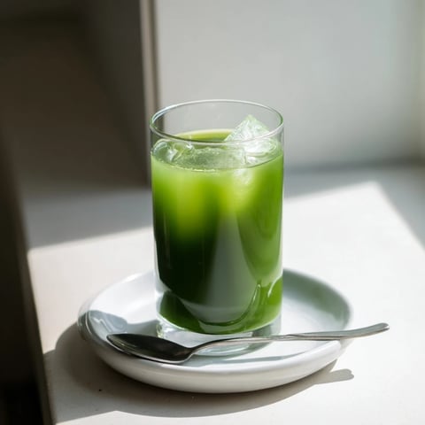 A tall glass of vibrant green Cabbage and Kale Detox Juice, packed with fresh kale leaves and crisp cucumber, garnished with a lemon wedge and served over ice for a refreshing, nutrient-rich cleanse.  