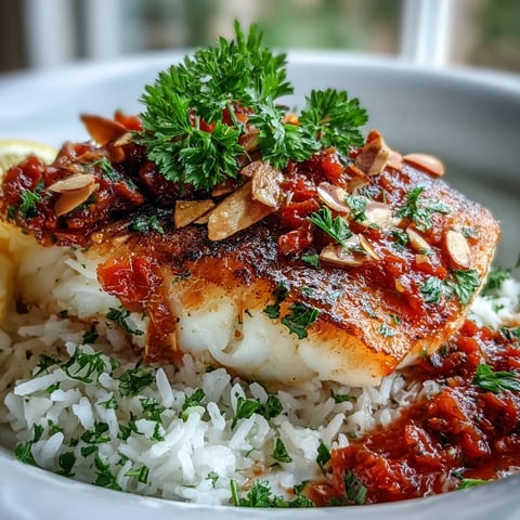Savory tomato-roasted cod fillets nestled in a zesty sauce, topped with crunchy spiced almonds and served over fragrant ginger rice.  