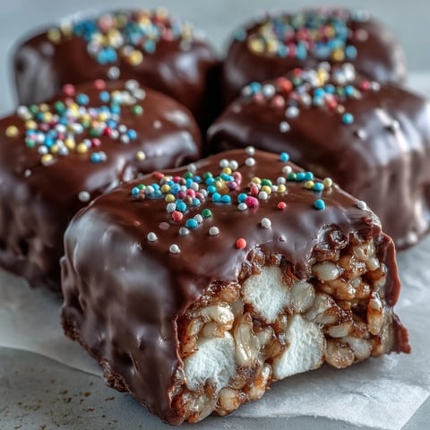 Glistening Chocolate Covered Rice Krispy Treats stacked on a white plate, ready to serve.