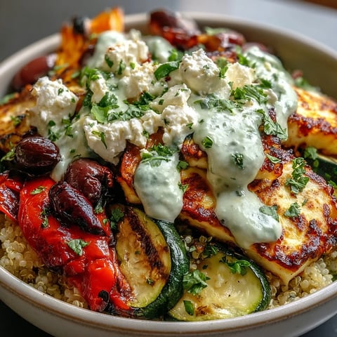 Charred zucchini, peppers, and eggplant top a bowl of nutty quinoa in this Healthy Grilled Mediterranean Bowl.