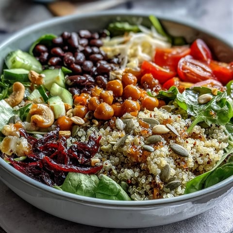 Brightly colored Rainbow Salad Bowl filled with quinoa, chickpeas, crunchy veggies, and a lemony dressing, ready to serve.