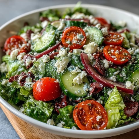 Fresh Mediterranean Green Salad Bowl with spring mix, tomatoes, cucumbers, and crumbled feta cheese tossed in a zesty Greek dressing.