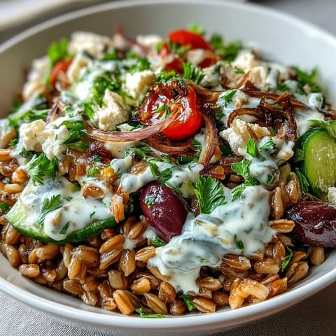 A close-up of a vibrant Mediterranean Farro Bowl, featuring chewy farro, red bell pepper, cucumber, and chickpeas tossed in creamy tahini dressing.