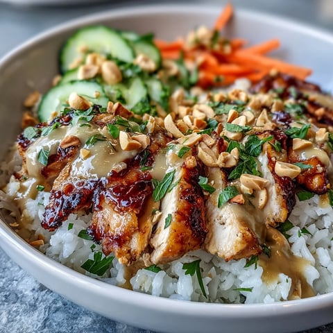 Fluffy coconut rice topped with grilled chicken, fresh veggies, and chopped peanuts drizzled with creamy peanut sauce.