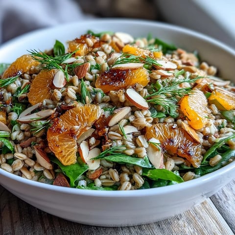 This refreshing Farro Salad Bowl showcases chewy farro, crisp fennel, and bright orange slices, topped with toasted almonds.