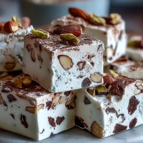 Close-up of Hojicha Nougat squares studded with chopped almonds and pistachios on a wooden board.