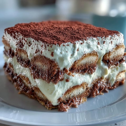 Freshly dusted Hojicha Tiramisu with creamy mascarpone layers and cocoa powder on a rustic wooden table.