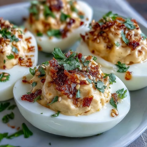 Spicy Chili Garlic Deviled Eggs on a platter, garnished with cilantro and chili flakes. 