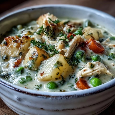 Creamy Chicken Pot Pie Soup steaming in a rustic bowl with parsley garnish and a side of crusty bread.