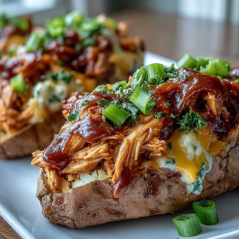 Roasted sweet potatoes filled with saucy Honey BBQ Chicken Stuffed Sweet Potatoes, topped with melted cheddar and fresh herbs.