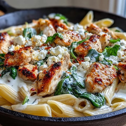 Creamy Greek Chicken Feta Pasta Skillet with tender chicken, wilted spinach, and crumbled feta in a skillet, ready to serve.