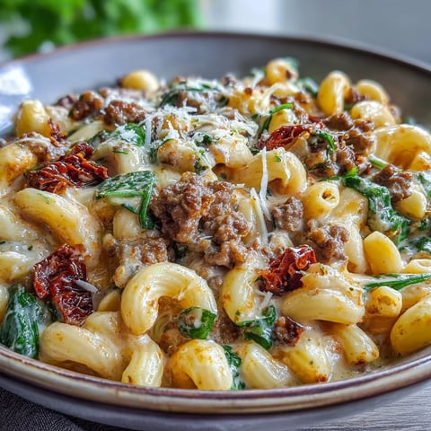 Creamy Tuscan Chili Mac steaming in a white bowl, topped with melted Parmesan and wilted spinach leaves.