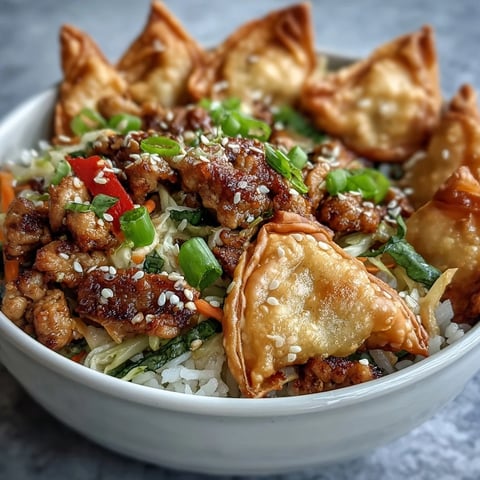 Golden brown crispy baked wonton strips top a bowl of savory ground chicken, cabbage, and carrots over fluffy rice.