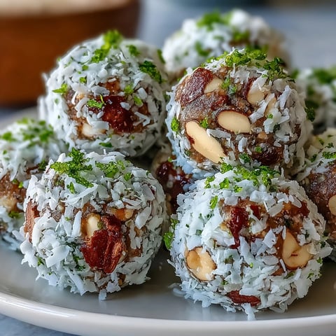 Freshly rolled Vegan Coconut Lime Energy Balls with dates and cashews coated in shredded coconut on a tray.