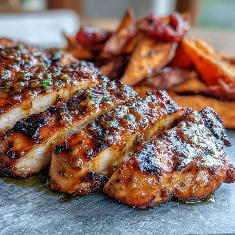 Honey Mustard Grilled Chicken with Roasted Sweet Potato Wedges served hot on a plate, juicy grilled chicken beside crispy orange wedges garnished with fresh parsley.