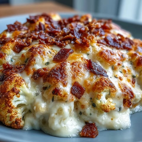 Creamy keto mac and cheese with roasted cauliflower florets, topped with crispy bacon crumbs for a low-carb comfort food favorite.  