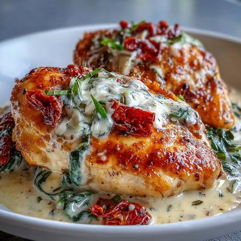 Creamy Tuscan chicken with spinach and sun-dried tomatoes in a rich garlic Parmesan sauce, served hot with fresh basil garnish.  