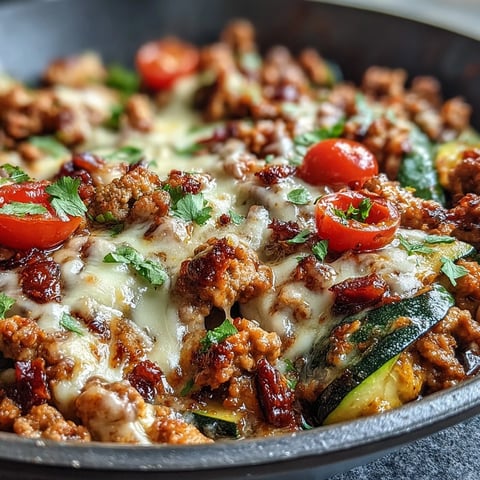 A colorful one-pot turkey taco zucchini skillet with lean ground turkey, fresh vegetables, and melted cheese, perfect for a healthy Tex-Mex dinner.