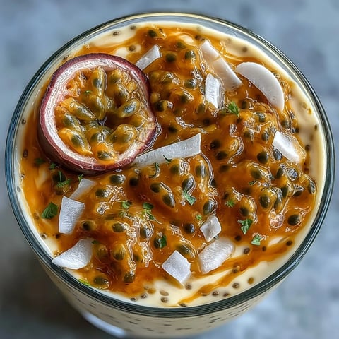 Creamy passionfruit chia pudding with coconut milk, tangy passionfruit puree, and fresh coconut slices in a glass bowl.