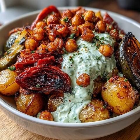 A colorful bowl of roasted Mediterranean vegetables and chickpeas served over creamy tzatziki sauce with fresh herbs.  