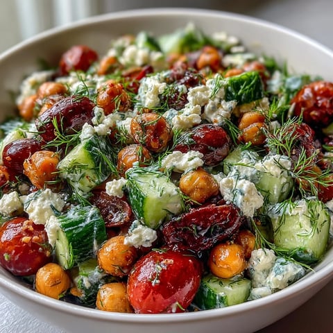 Fresh Mediterranean chickpea cucumber salad with feta and tomatoes, tossed in a zesty lemon vinaigrette and garnished with parsley.  