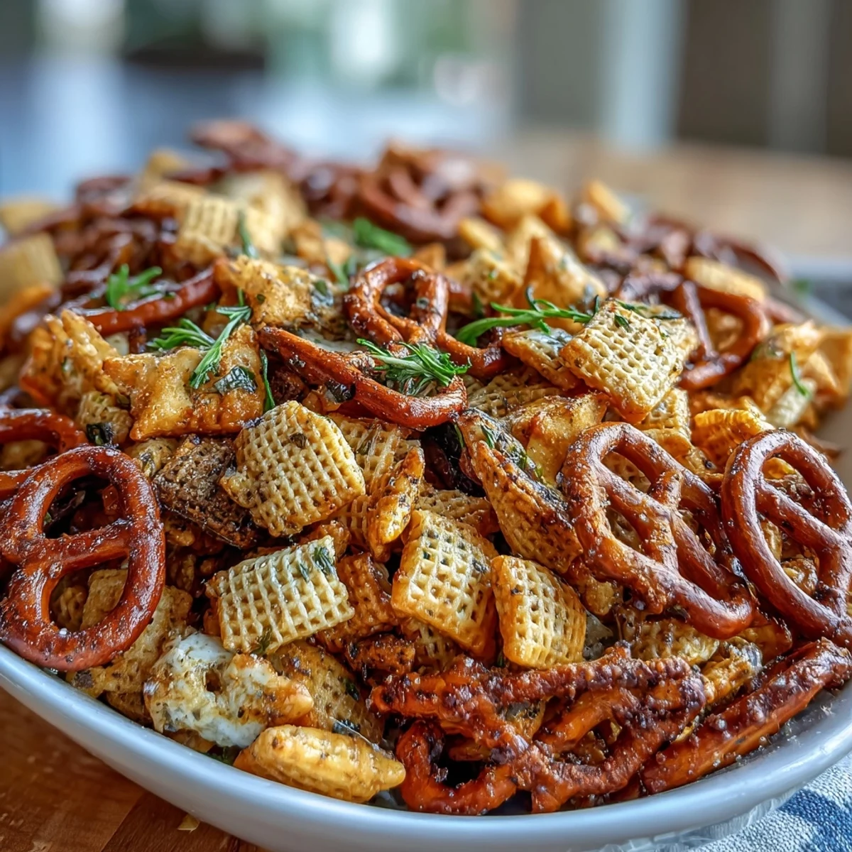 A bowl of Dill Pickle Chex Mix with crispy cereals, pretzels, and bagel chips coated in tangy dill pickle seasoning, perfect for snacking.