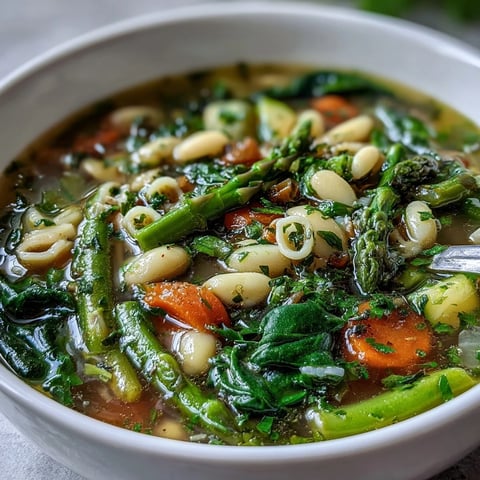Spring Minestrone with White Beans and Asparagus, a vibrant Italian soup brimming with seasonal vegetables, tender beans, and fresh herbs in a savory broth.