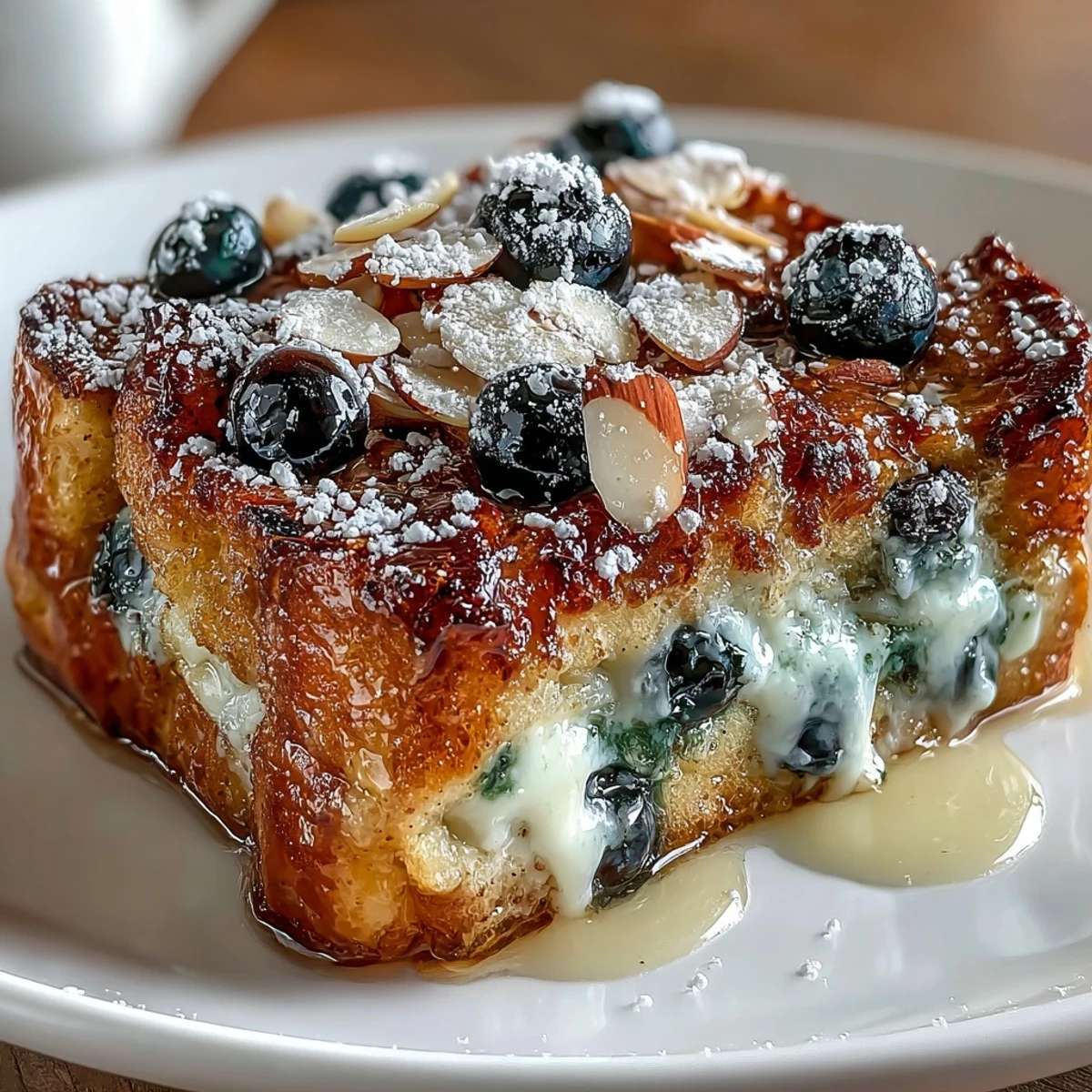 Blueberry Lemon Sourdough French Toast Casserole with golden crust and juicy berries, ready to serve at your next brunch gathering.