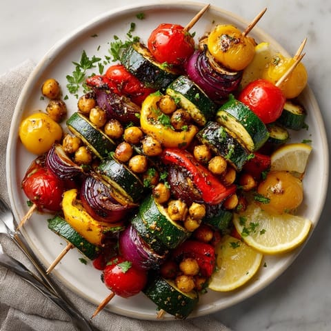 Smoky and flavorful Fire-Roasted Za'atar Chickpea Brochettes, skewered for a delicious, healthy dinner idea.