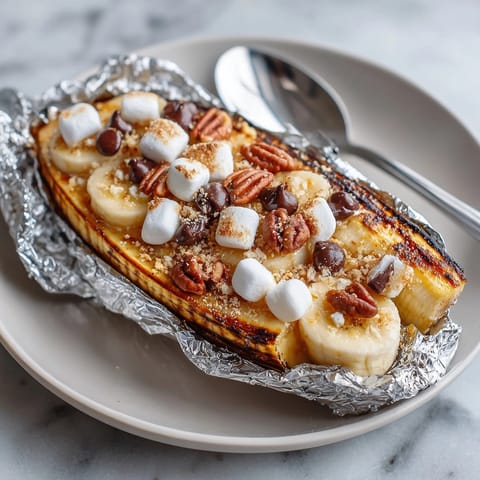 A close-up reveals delicious and melty Choco-Banana Campfire Grill Packs, perfect campfire dessert treat.