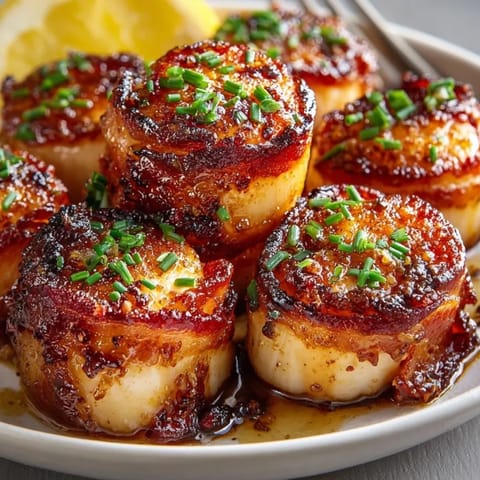 Crispy bacon embracing tender scallops: a close-up of the Bacon Wrapped Scallops with Maple Glaze.
