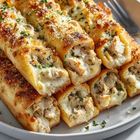 A close-up of cheesy, warm Chicken Alfredo Breadsticks, perfect for Italian-American comfort food.