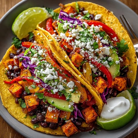 Savory vegetarian sweet potato black bean tacos, ready to be assembled with avocado and lime wedges.