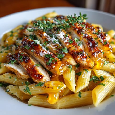 Tender chicken strips bathed in a sweet apricot glaze over the flavorful chicken pasta.