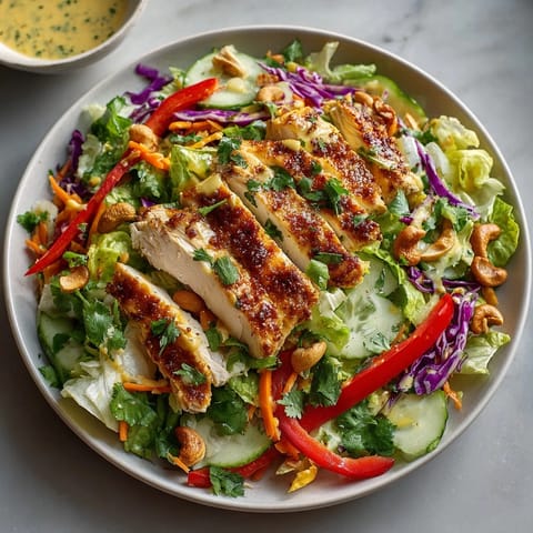 Close-up of Thai Curry Chicken Salad featuring colorful vegetables, tender chicken, and rich Thai curry sauce