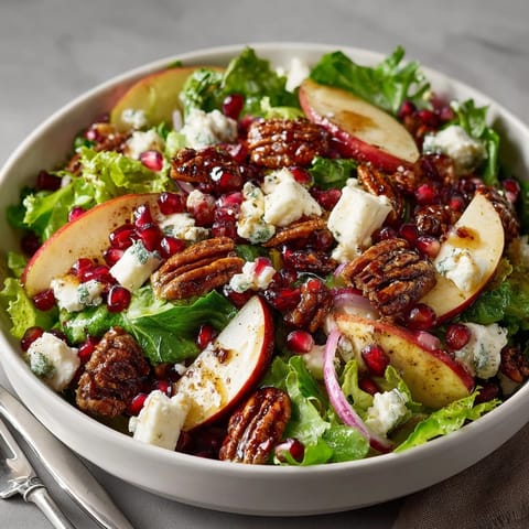 Vibrant Pomegranate Pecan Salad served with tangy vinaigrette, crisp apples, and toasted nuts for a festive touch.