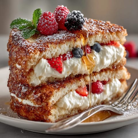 Thick slices of brioche create decadent ricotta stuffed French toast, drizzled in maple syrup for brunch.