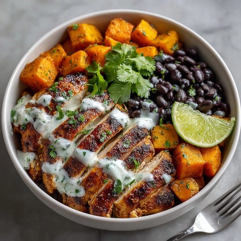 Smoky Chipotle Chicken Bowl with creamy cilantro lime sauce, roasted sweet potatoes, and hearty black beans arranged for lunch.