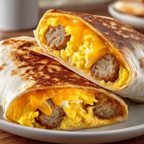 Freshly made Sausage Egg &amp; Cheese Roll-Ups with melted cheddar, ready for a quick breakfast.