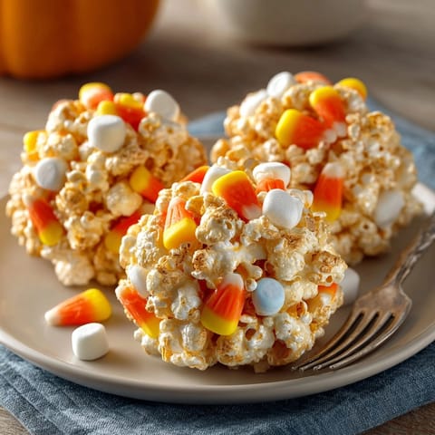 Homemade Candy Corn Popcorn Balls, glistening with syrup, are a sweet autumn delight.