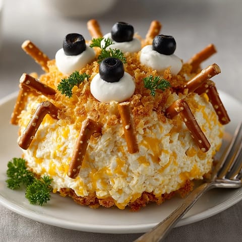 Golden, melted Cheesy Spider Dip, a festive appetizer recipe served warm with crunchy pretzels.